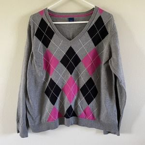Izod Cotton Argyle Sweater Womens Size XXL Gray Black Pink V Neck Classic Preppy